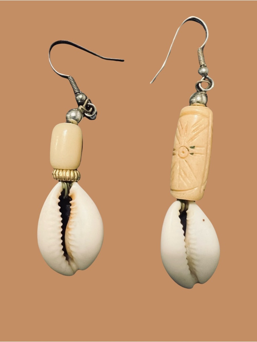 Beige Beaded Cowrie Drop Earrings - Women Jewelry